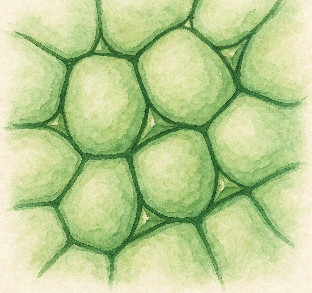 Watercolor illustration of plant cells highlighting trigones, the triangular thickenings at the junctions of cell walls in liverworts. Caption: